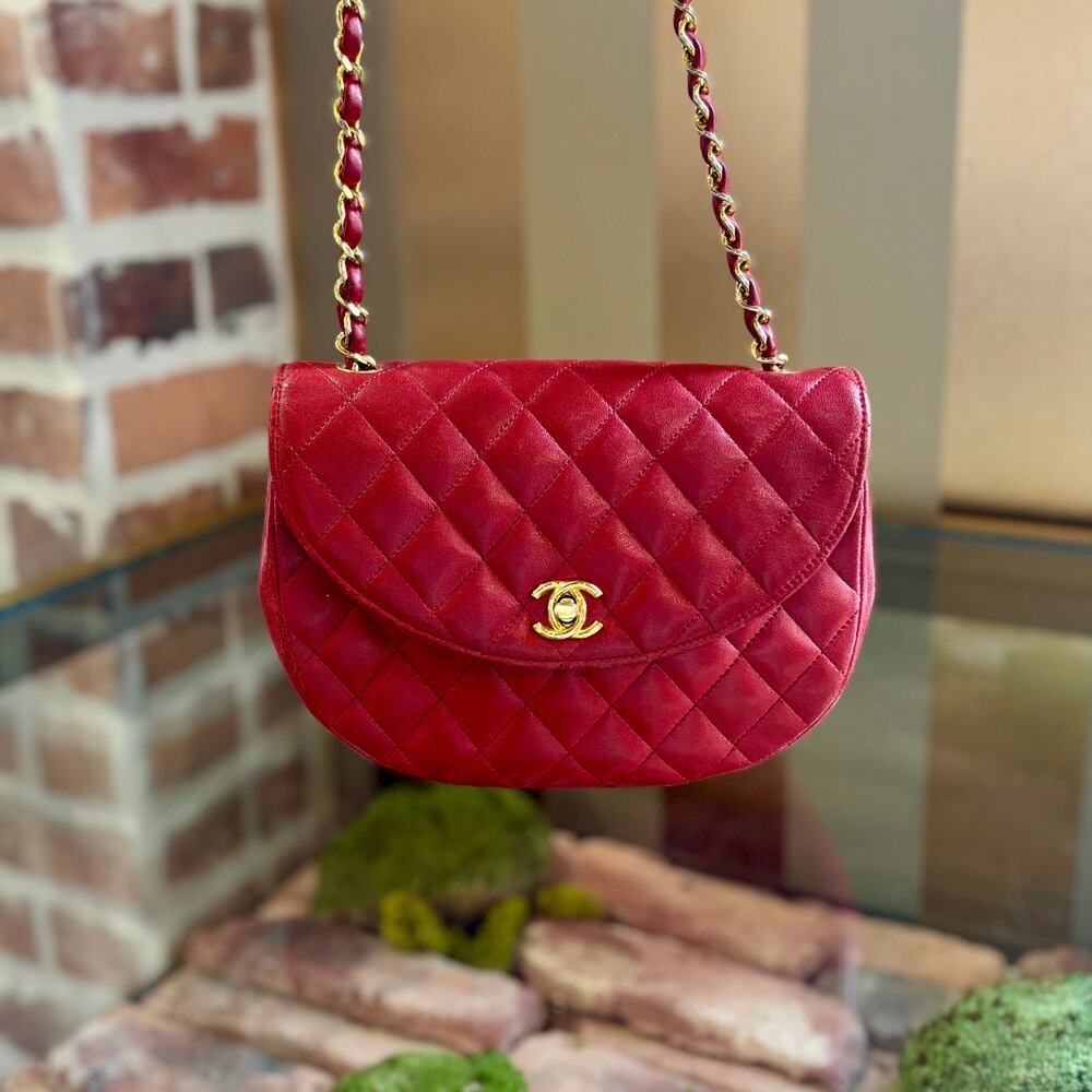 CHANEL Red Leather Half Moon Flap Bag